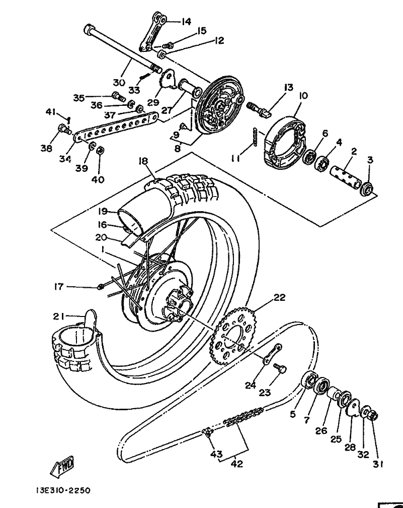 Vue éclatée ROUE ARRIERE pour MOTO YAMAHA TY 125 1989 WHITE - 3SU1 -  Pièces d’origine