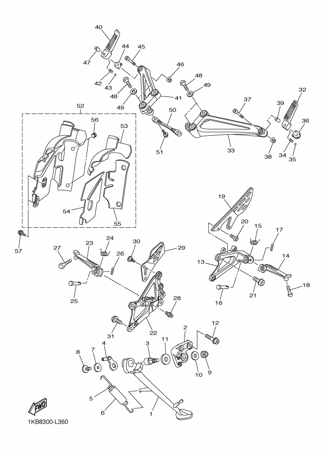 Vue éclatée SUPPORT & REPOSE PIED pour MOTO YAMAHA R1 2014 BLUISH WHITE COCKTAIL 1 - 2SG2 -  Pièces d’origine