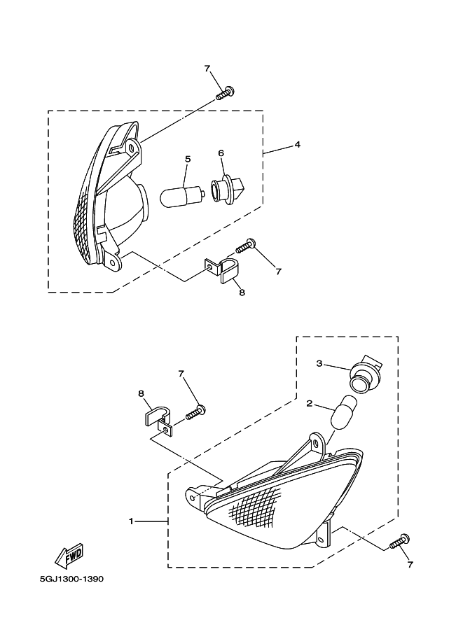 Vue éclatée CLIGNOTANT pour SCOOTER YAMAHA TMAX 500 2006 GREENISH WHITE COCKTAIL 1 - 5VUA -  Pièces d’origine