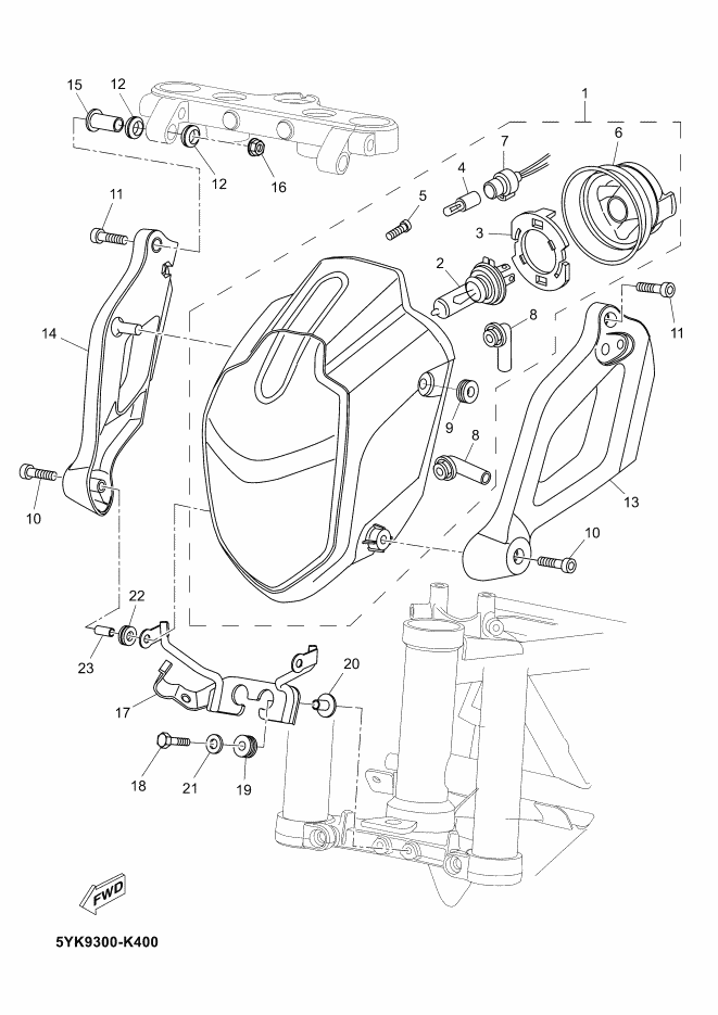 Vue éclatée PHARE pour MOTO YAMAHA MT-03 2012 BLUISH WHITE COCKTAIL 1 - 2BF1 -  Pièces d’origine
