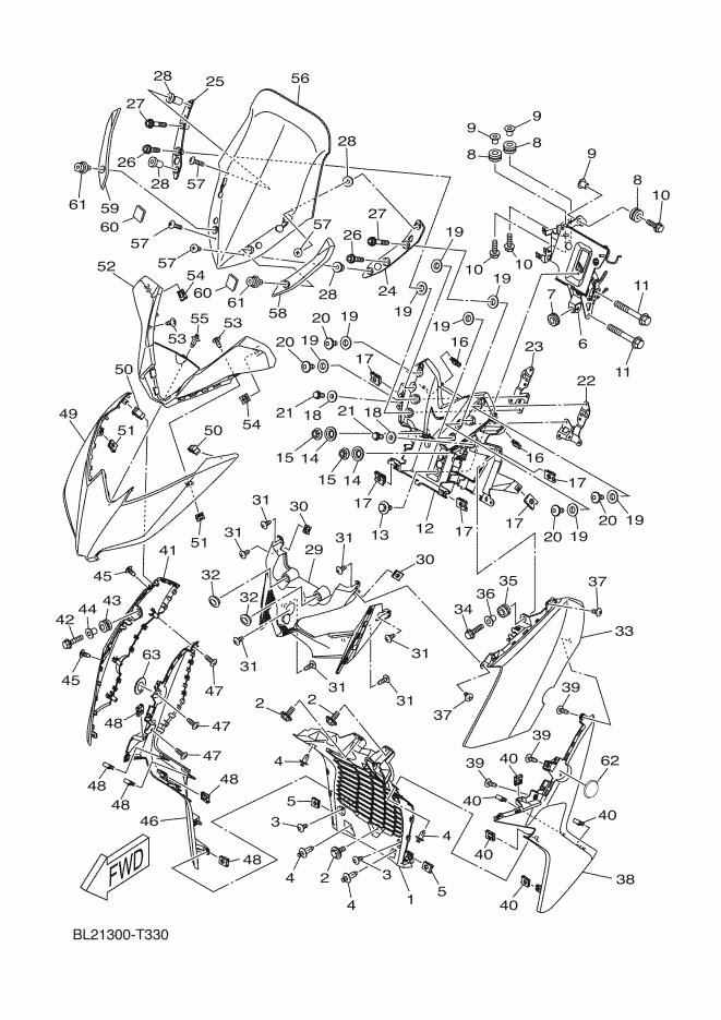 Vue éclatée PARE BRISE pour SCOOTER YAMAHA XMAX 125 2018 ROUGE METALIQUE B - BL21 -  Pièces d’origine